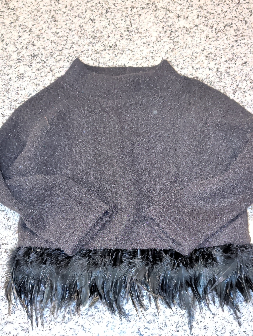 Women's Black Crewneck Sweater with Feather Hem